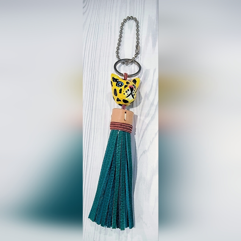 Consuela Rawr Stylish Yellow & Black Cat Purse Charm Key Chain with Green Tassel